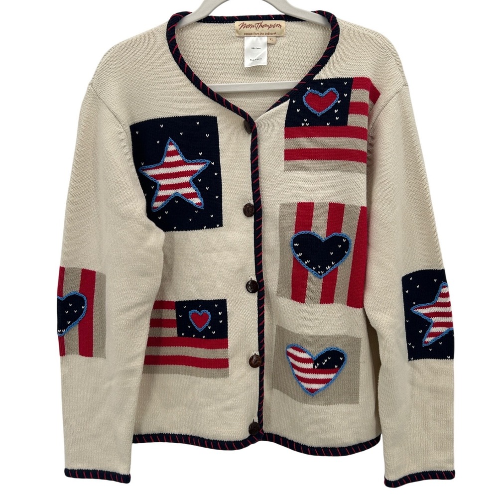 Vintage Womens XL USA Americana Patriotic Cardigan Sweater Cotton Stars Olympics